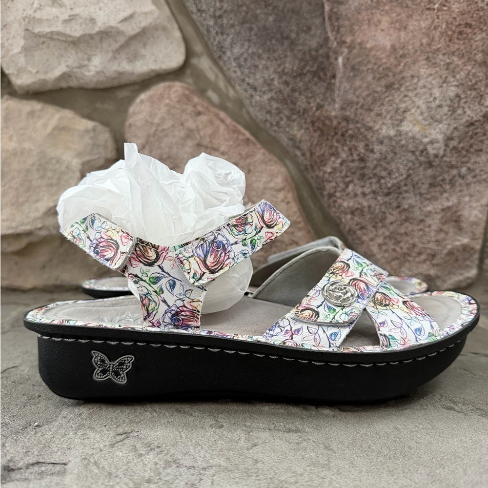 Alegria Vienna Sandals, Leather, Adjustable Straps, White With Colorful Floral